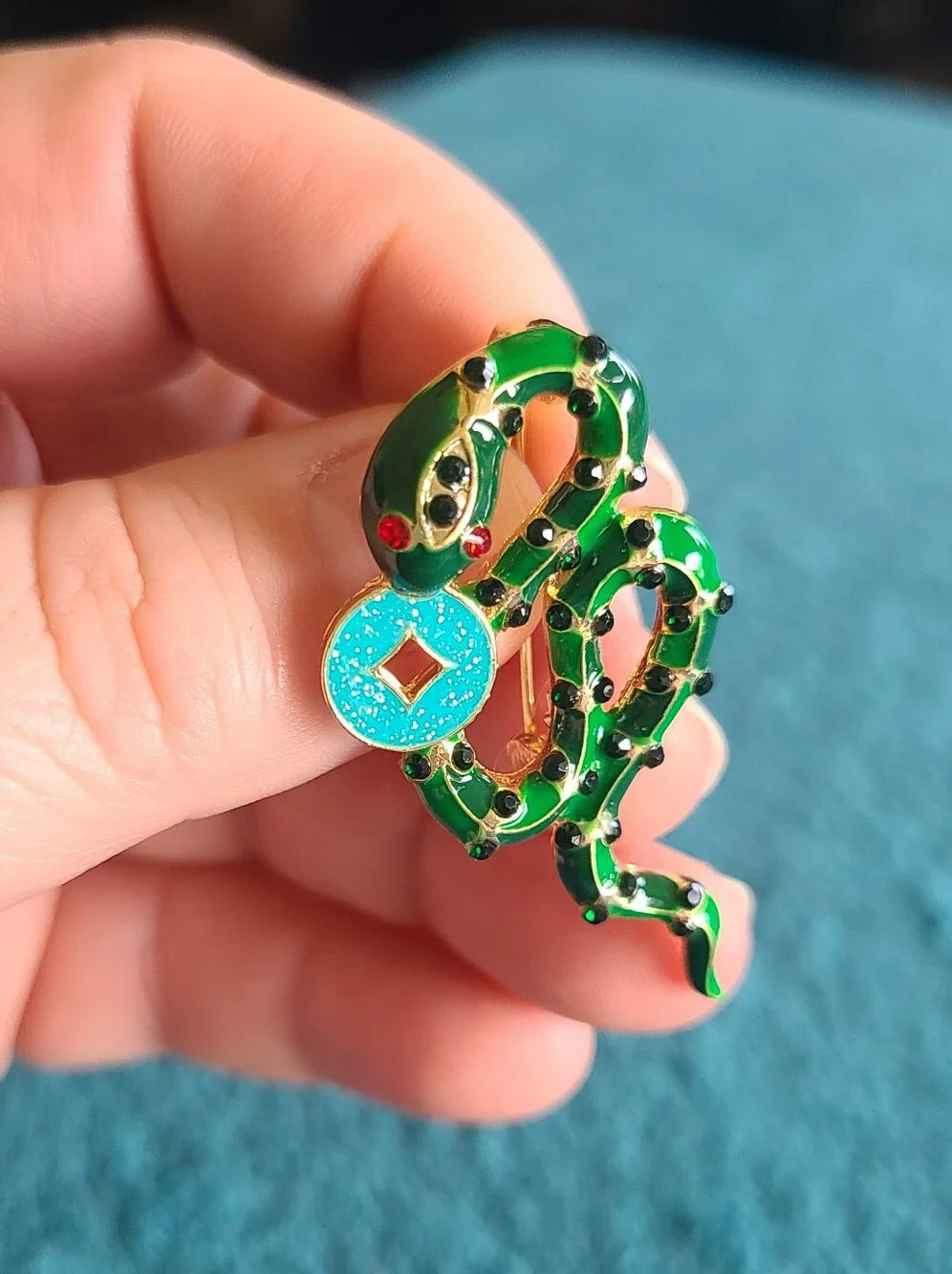 Vintage Green Enamel Snake Brooch with Turquoise Accent